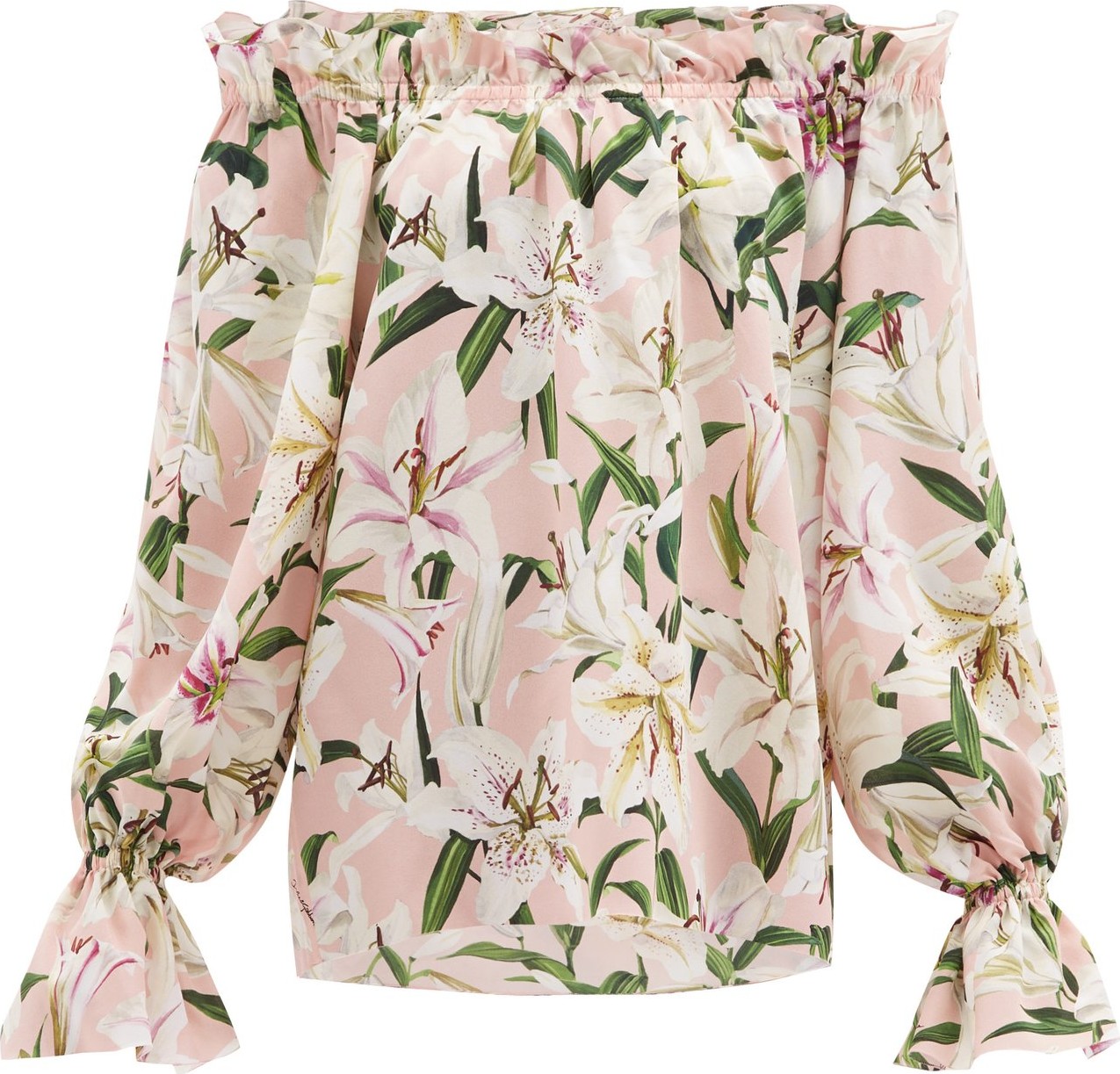 Dolce & Gabbana Lilium-print off-the-shoulder silk top