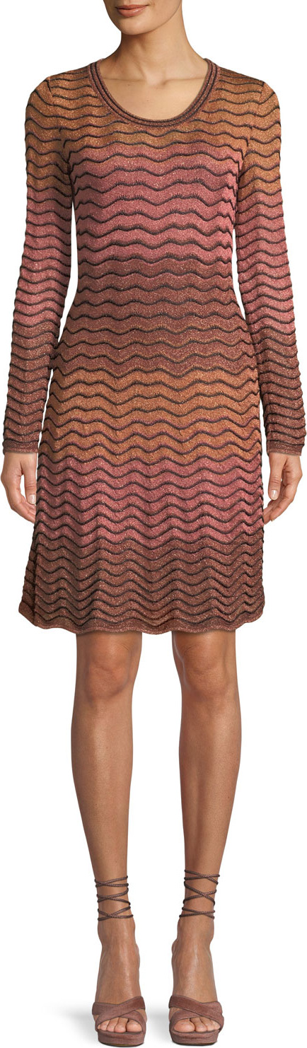 M Missoni Long-Sleeve Metallic Ripple Knit Dress