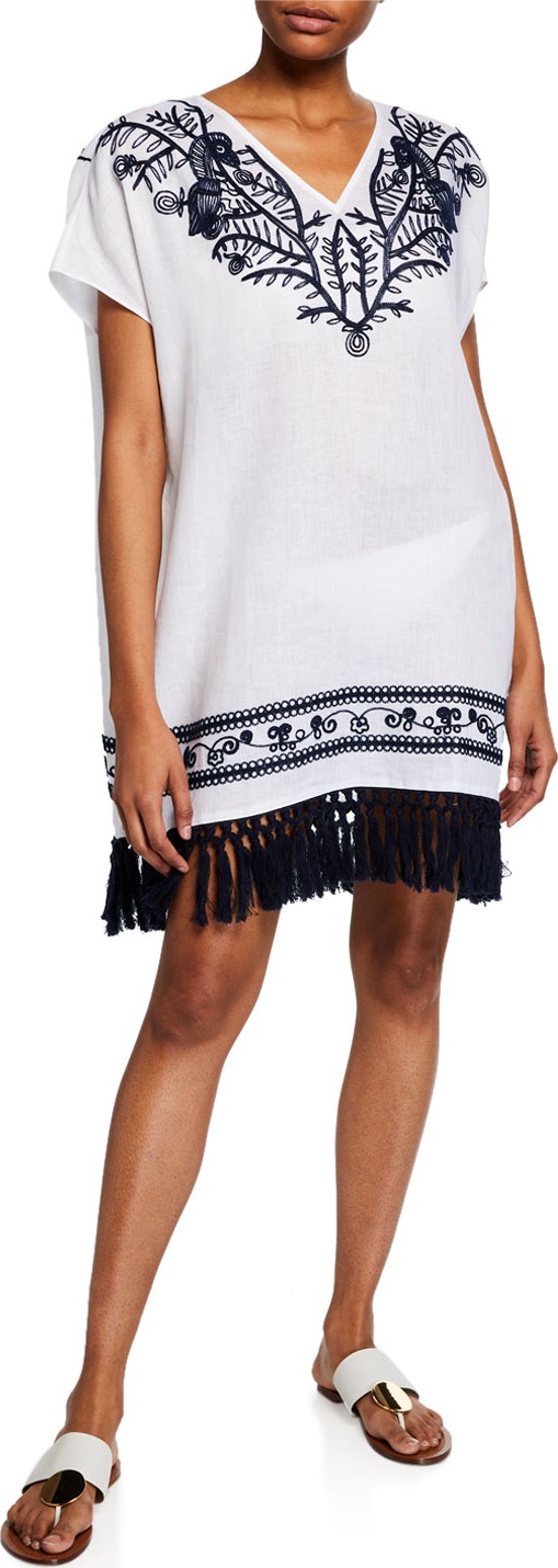 Tory Burch V-Neck Embroidered Beach Caftan w/ Tassel Hem