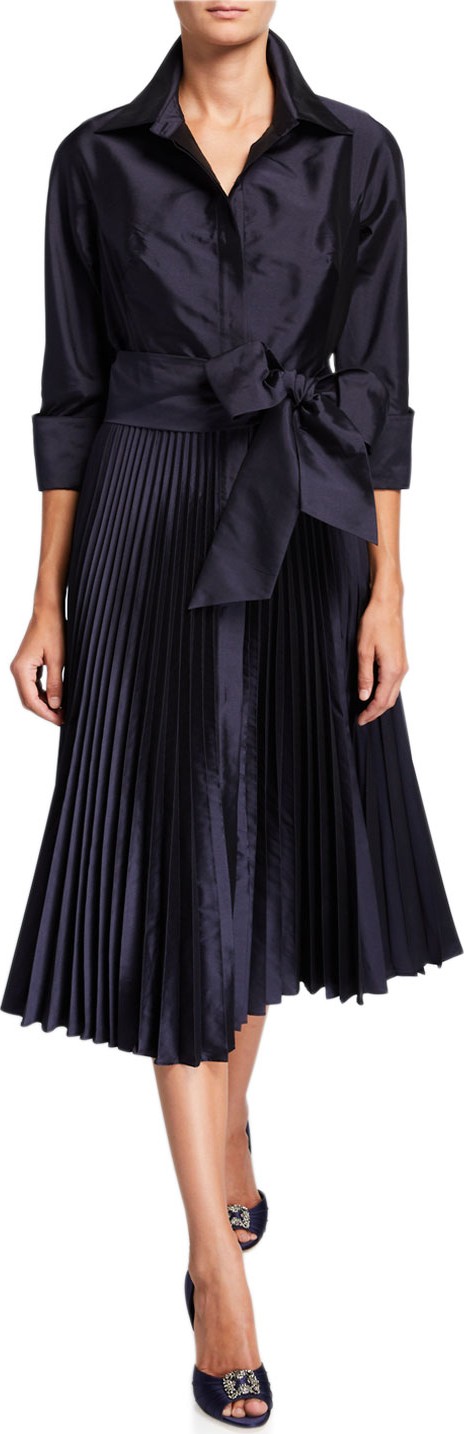 Rickie Freeman for Teri Jon 3/4-Sleeve Pleated Skirt Taffeta Shirtdress w/ Bow