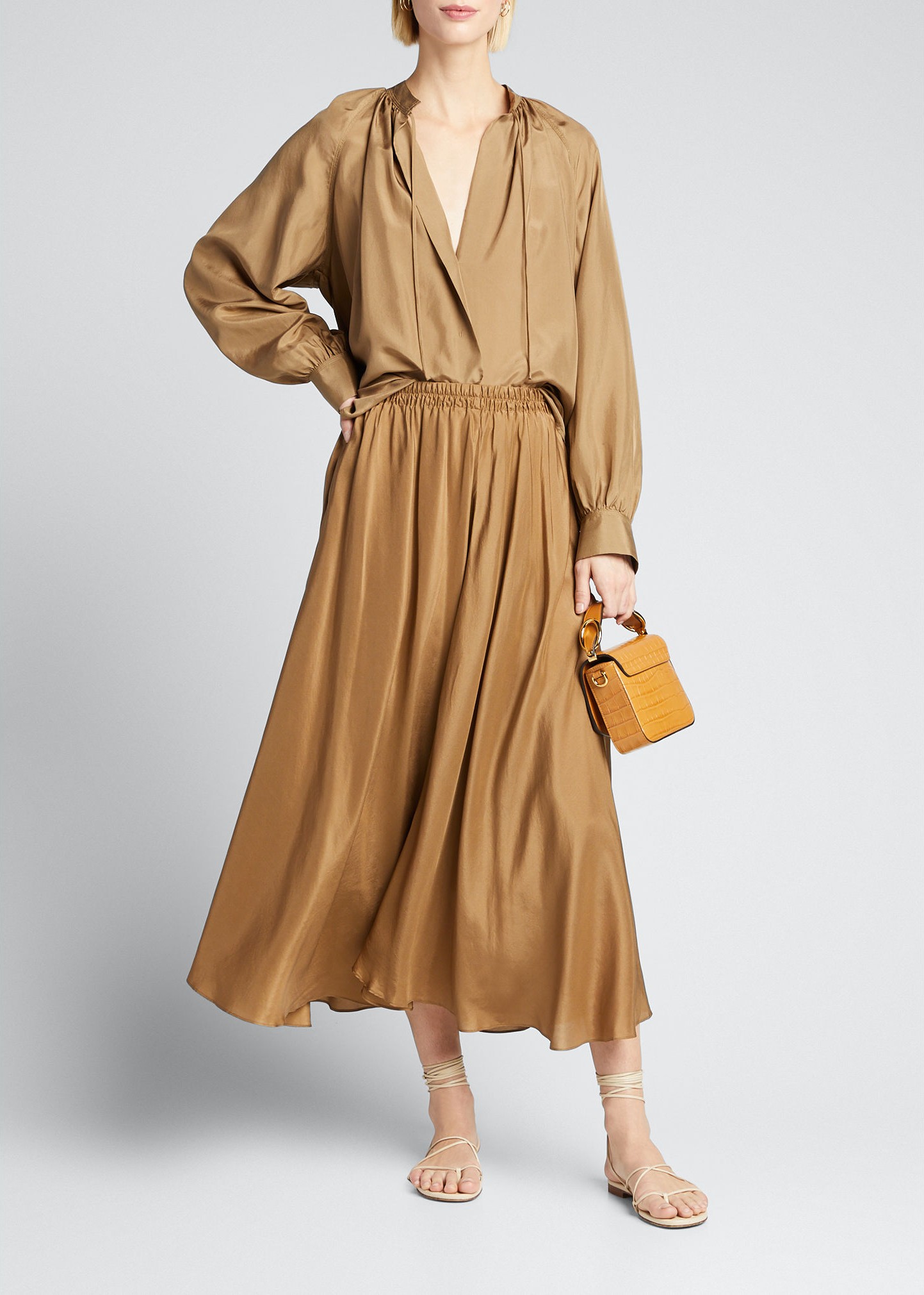 Vince Gathered Silk Pull-On Midi Skirt