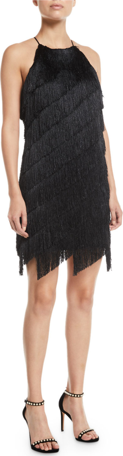 HALSTON HERITAGE Sleeveless High-Neck Fringe Slip Cocktail Dress