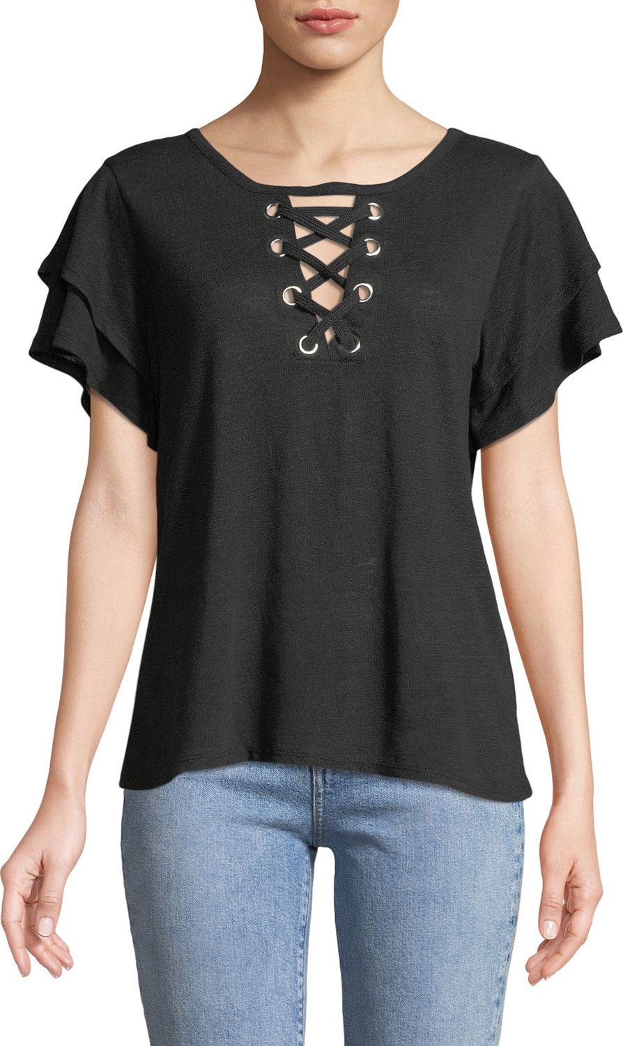 Generation Love Kiki Lace-Up Ruffled Short-Sleeve Striped Linen Top