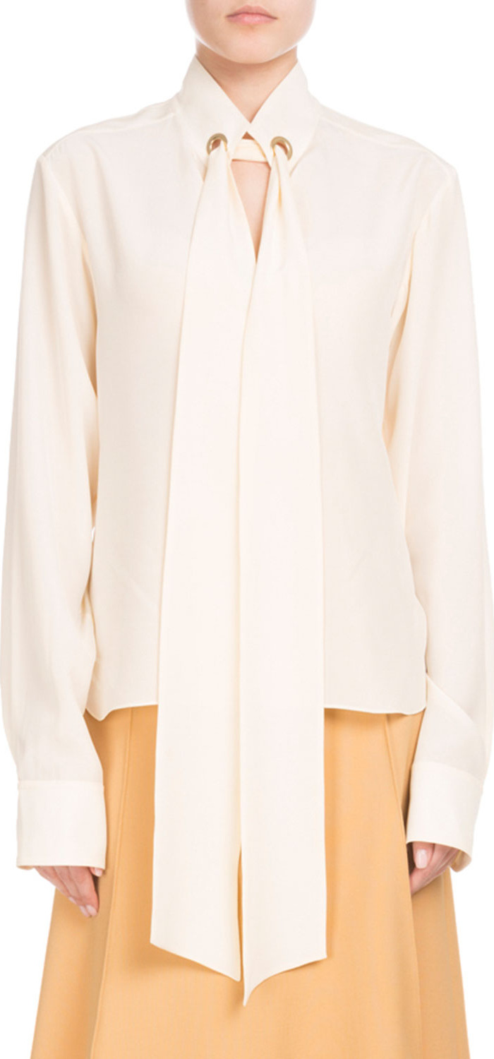 Chloe Long-Sleeve Open-Neck Silk Crepe de Chine Blouse w/ Ring Scarf