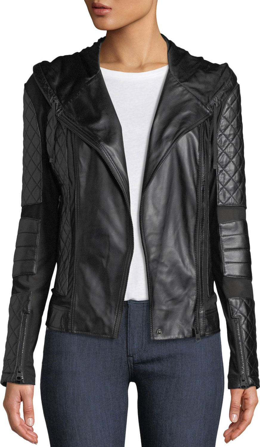 Blanc Noir Voyage Hooded Diamond-Stitch Lace-Up Leather Moto Jacket Blanc Noir Voyage Hooded Diamond-Stitch Lace-Up Leather Moto Jacket