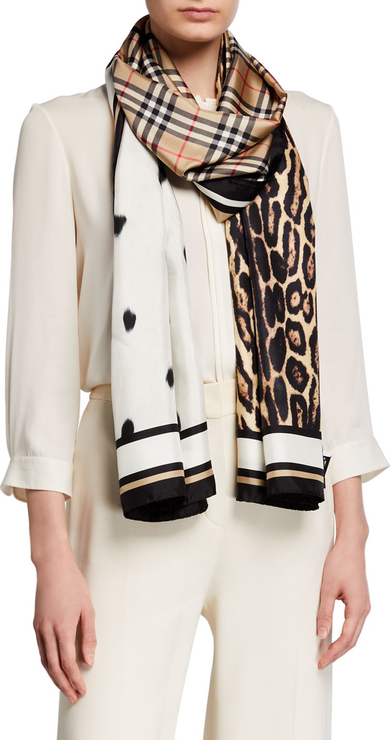 Burberry London England Vintage Check Animal-Print Silk Scarf