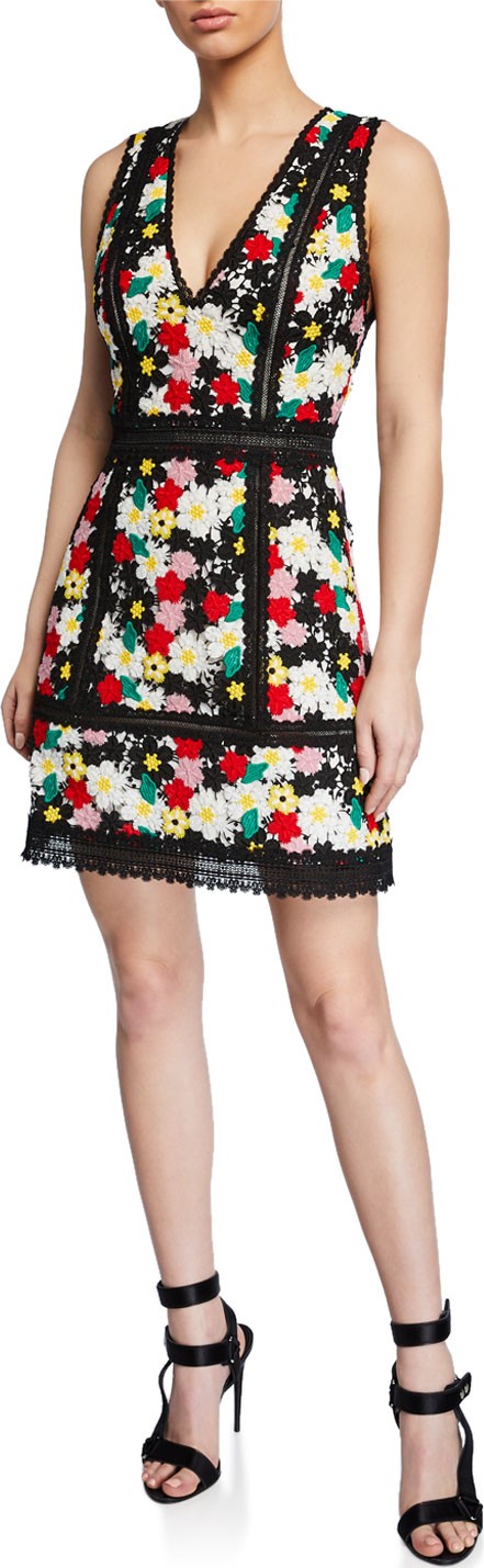 Alice + Olivia Zula Floral-Embroidered V-Neck Sleeveless Party Dress