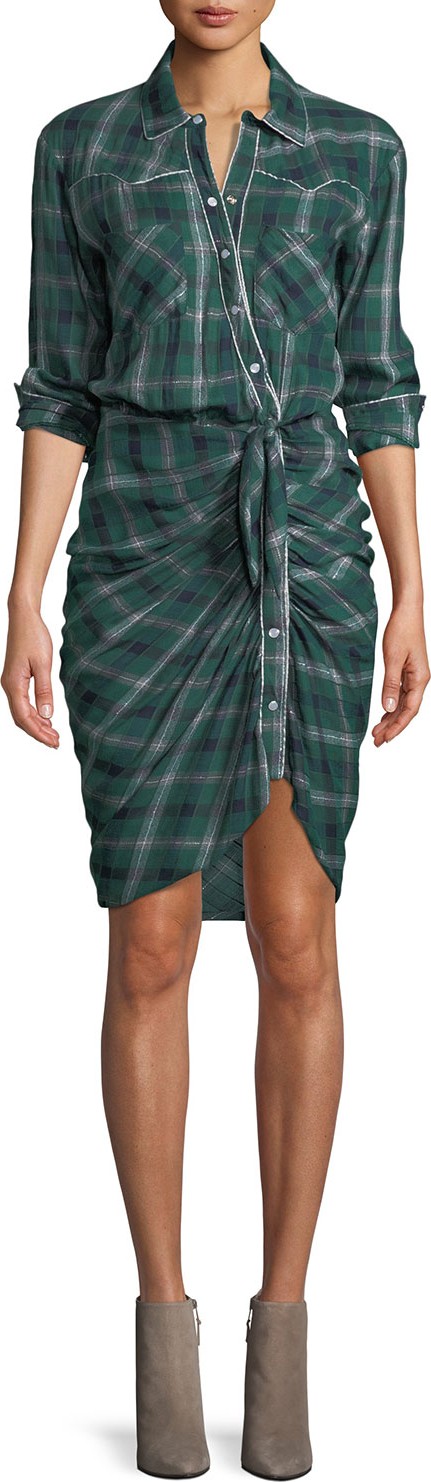 Veronica Beard Sierra Gathered Plaid Button-Front Shirtdress