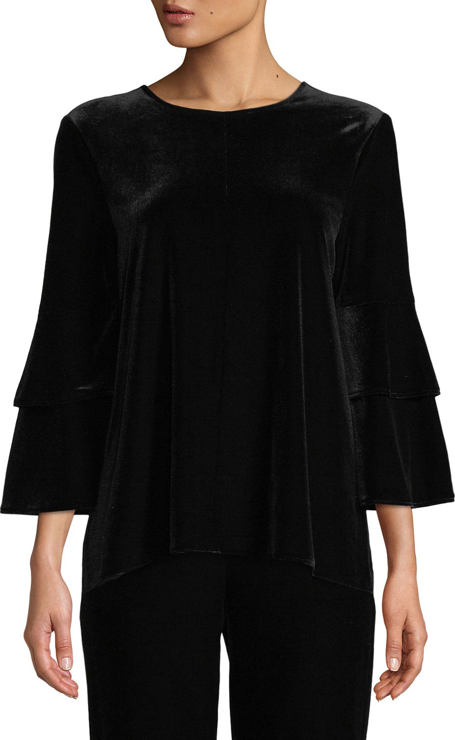 Tibi Velvet Knit Bell-Sleeve Crewneck Top