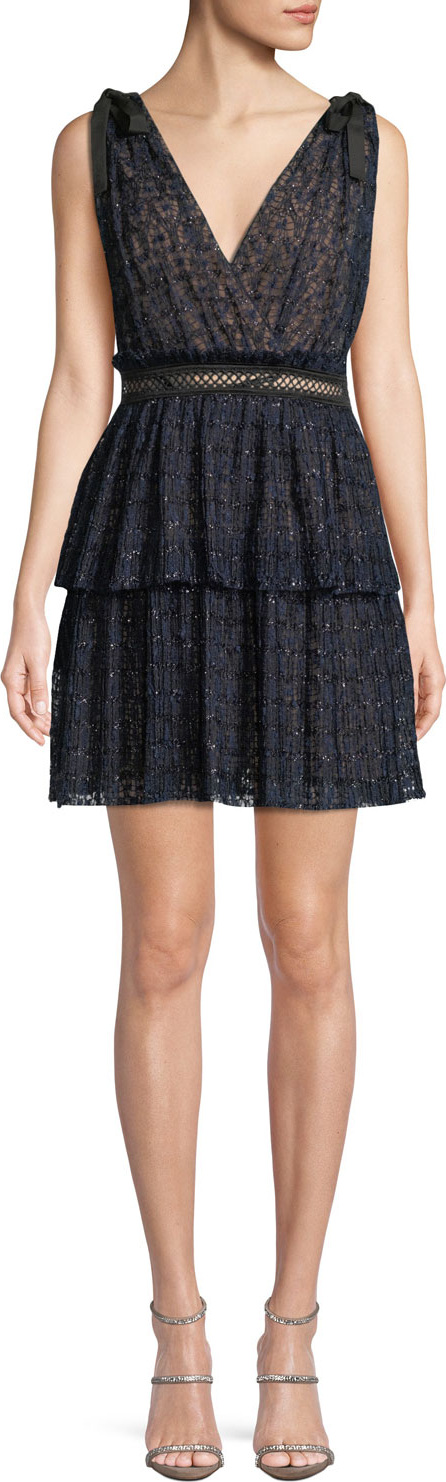 Self Portrait V-Neck Sleeveless Metallic Mesh Cocktail Dress