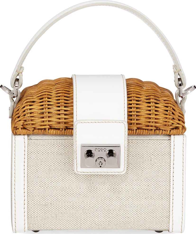 RODO Wicker and Linen Box Top Handle Bag  White
