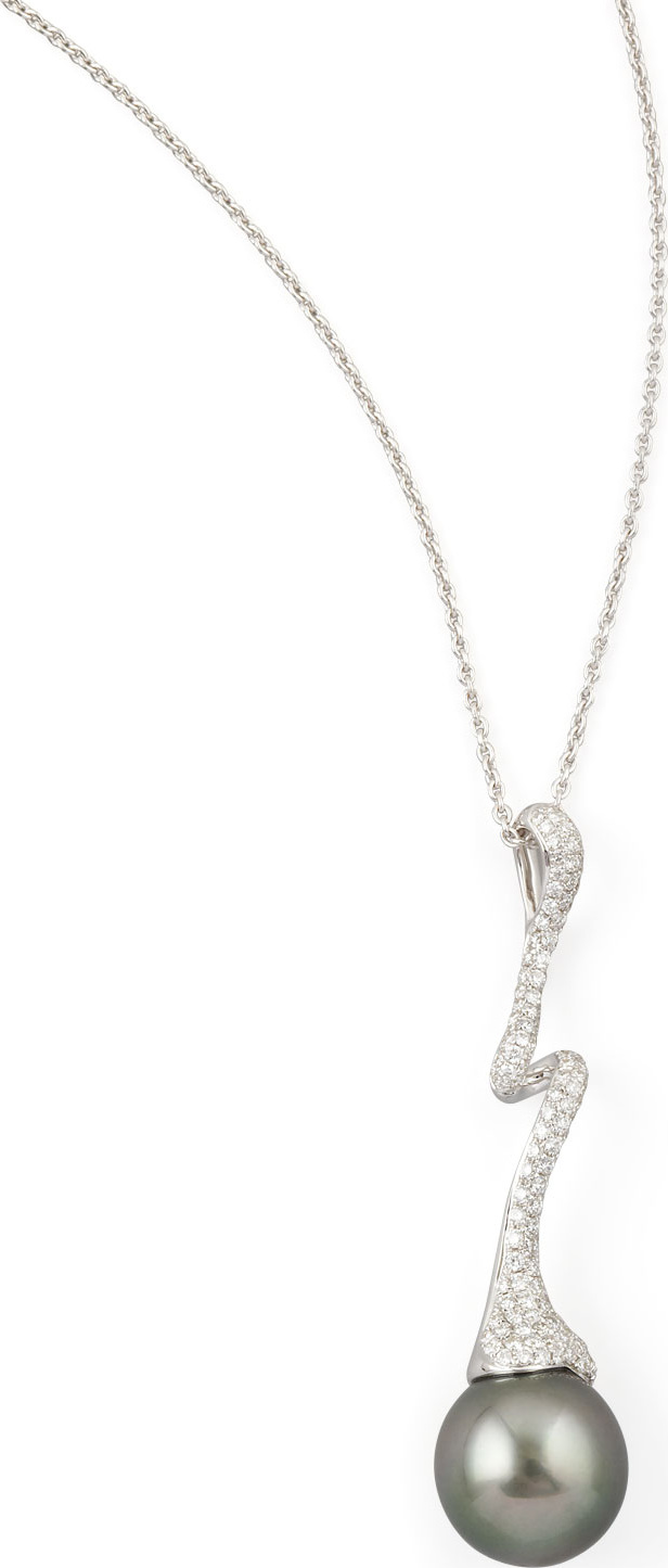 Eli Jewels Gray South Sea Pearl & Diamond-Swirl Pendant Necklace