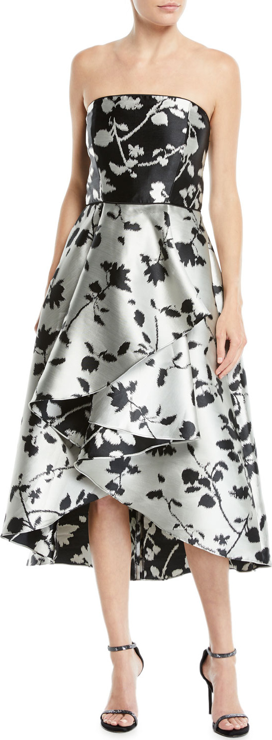 Shoshanna Isbell Strapless Fit-and-Flare Floral-Jacquard High-Low Cocktail Dress