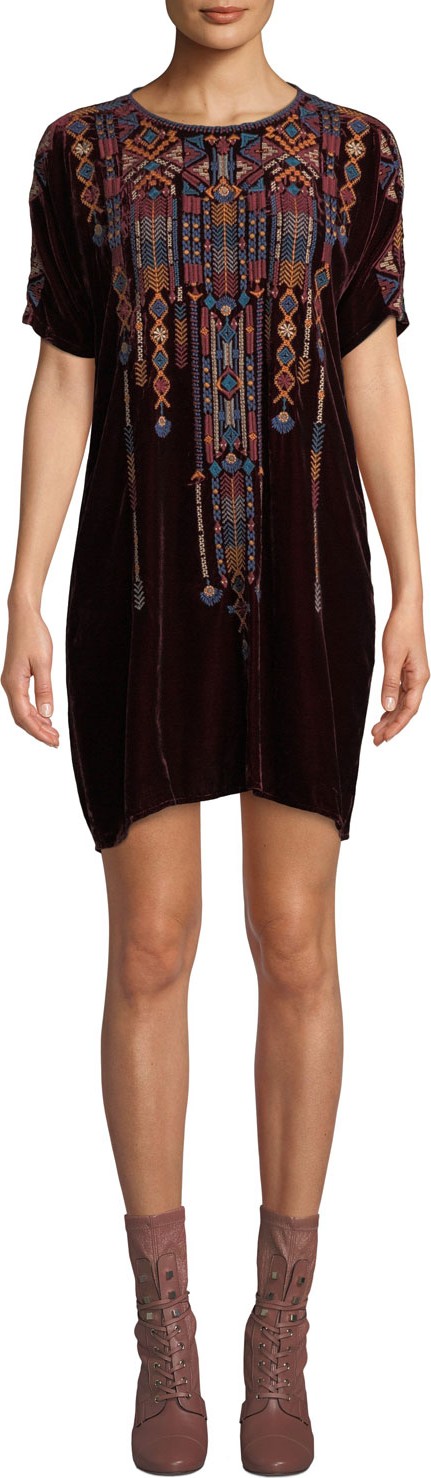 Johnny Was Cleo Velvet Embroidered Shift Tunic Dress