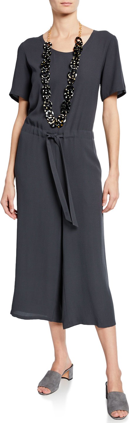 Eileen Fisher Scoop-Neck Short-Sleeve Crop Wide-Leg Silk Crepe Jumpsuit Eileen Fisher Scoop-Neck Short-Sleeve Crop Wide-Leg Silk Crepe Jumpsuit