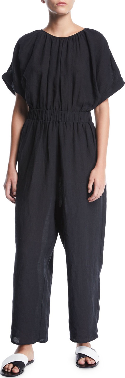 Marysia Supai Crewneck Short-Sleeve Wide-Leg Linen Jumpsuit