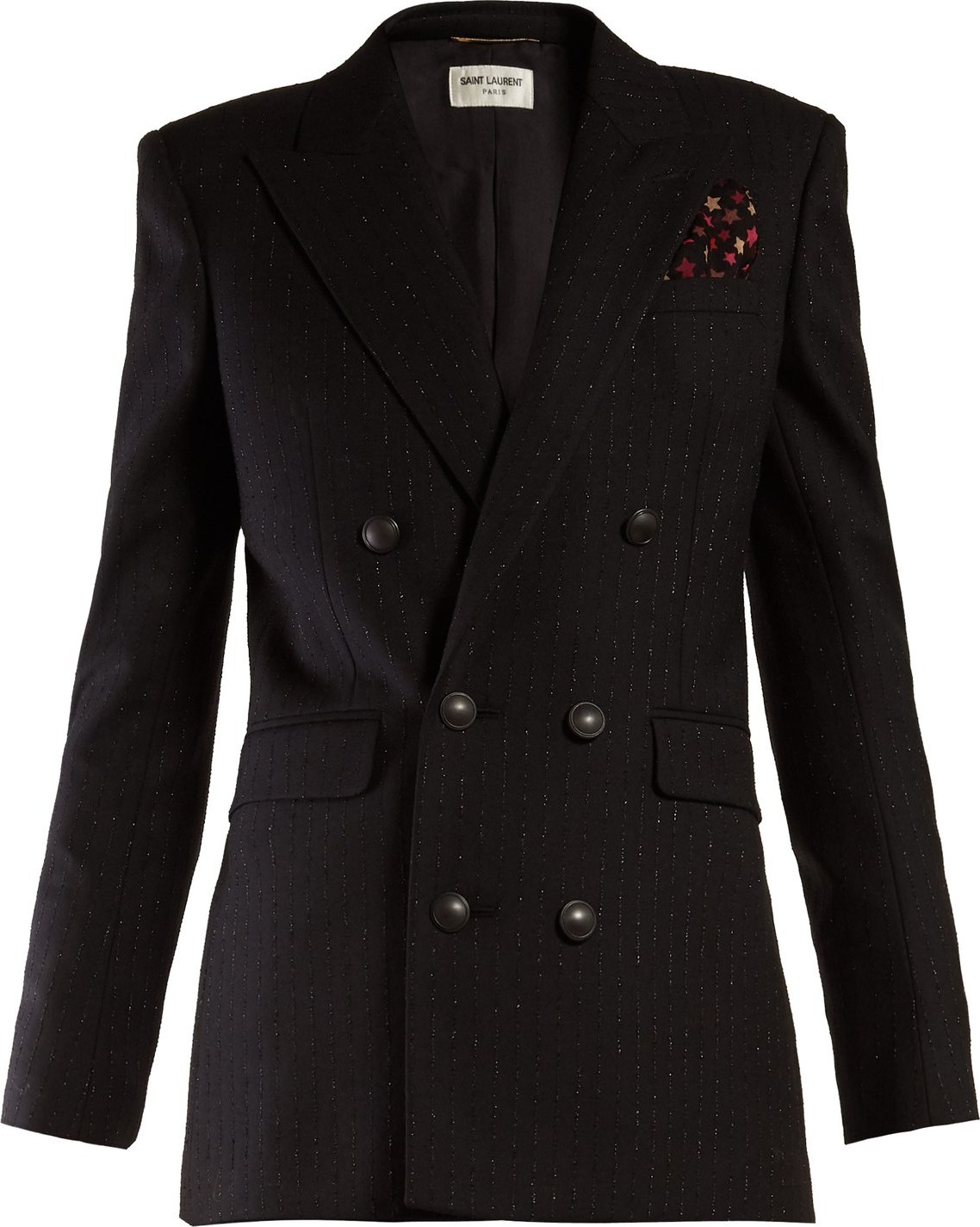 Saint Laurent Metallic-pinstriped double-breasted crepe blazer