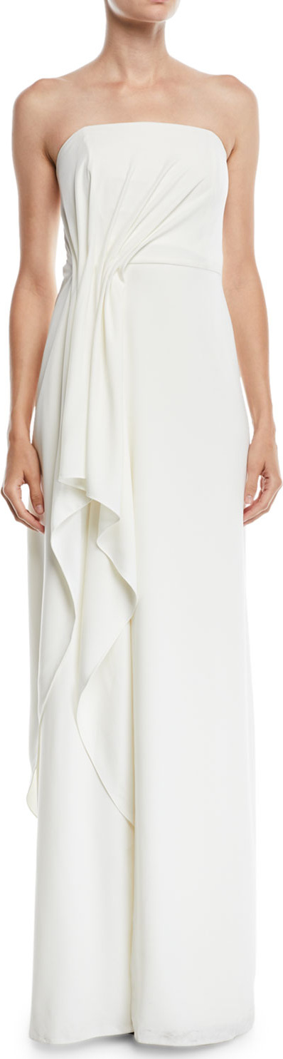HALSTON HERITAGE Strapless Crepe Gown w/ Draped Front