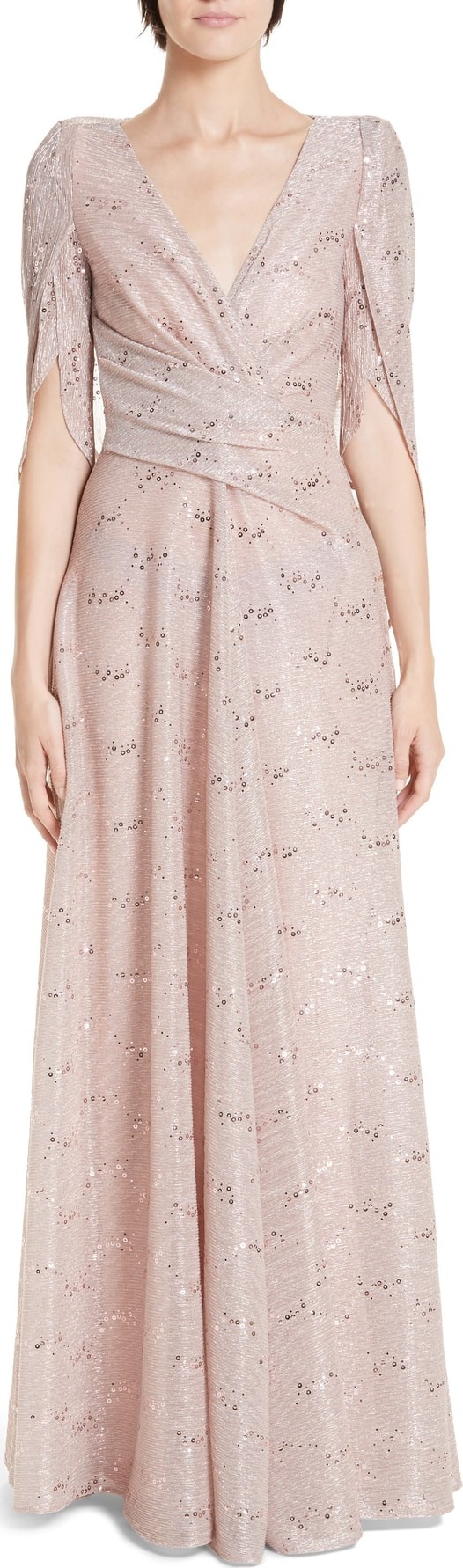 Talbot Runhof Sequin Metallic Voile Drape Back Gown