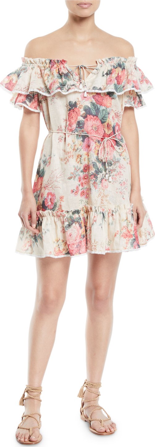 Zimmermann Laelia Off-the-Shoulder Floral-Print Frill Tier Mini Dress