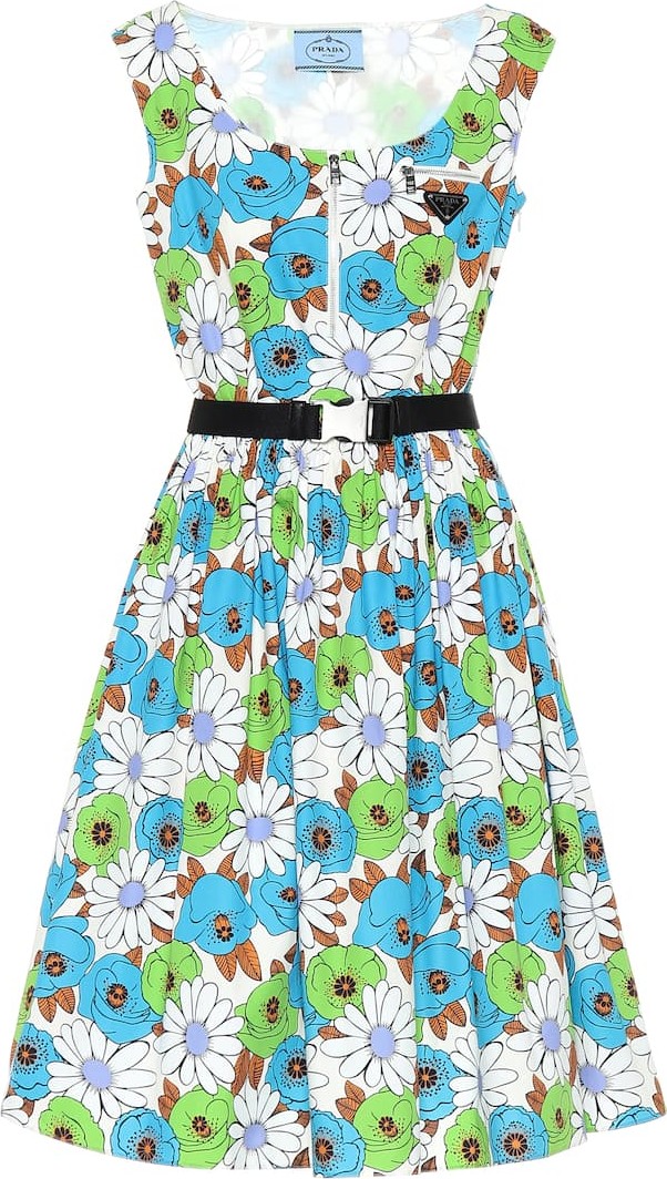 Prada Belted floral cotton poplin dress