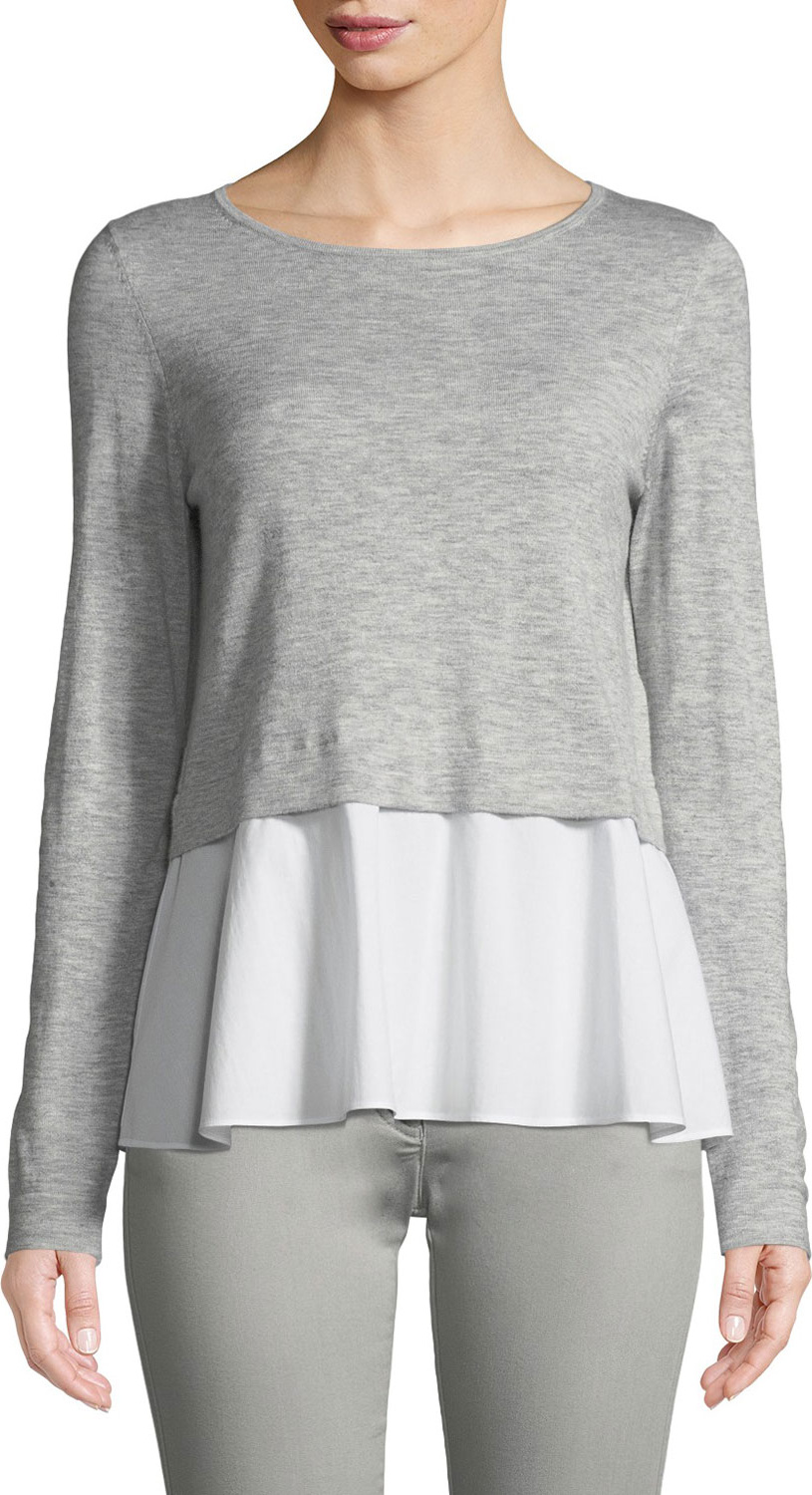 Escada Sport Long-Sleeve Pullover Top w/ Poplin Hem