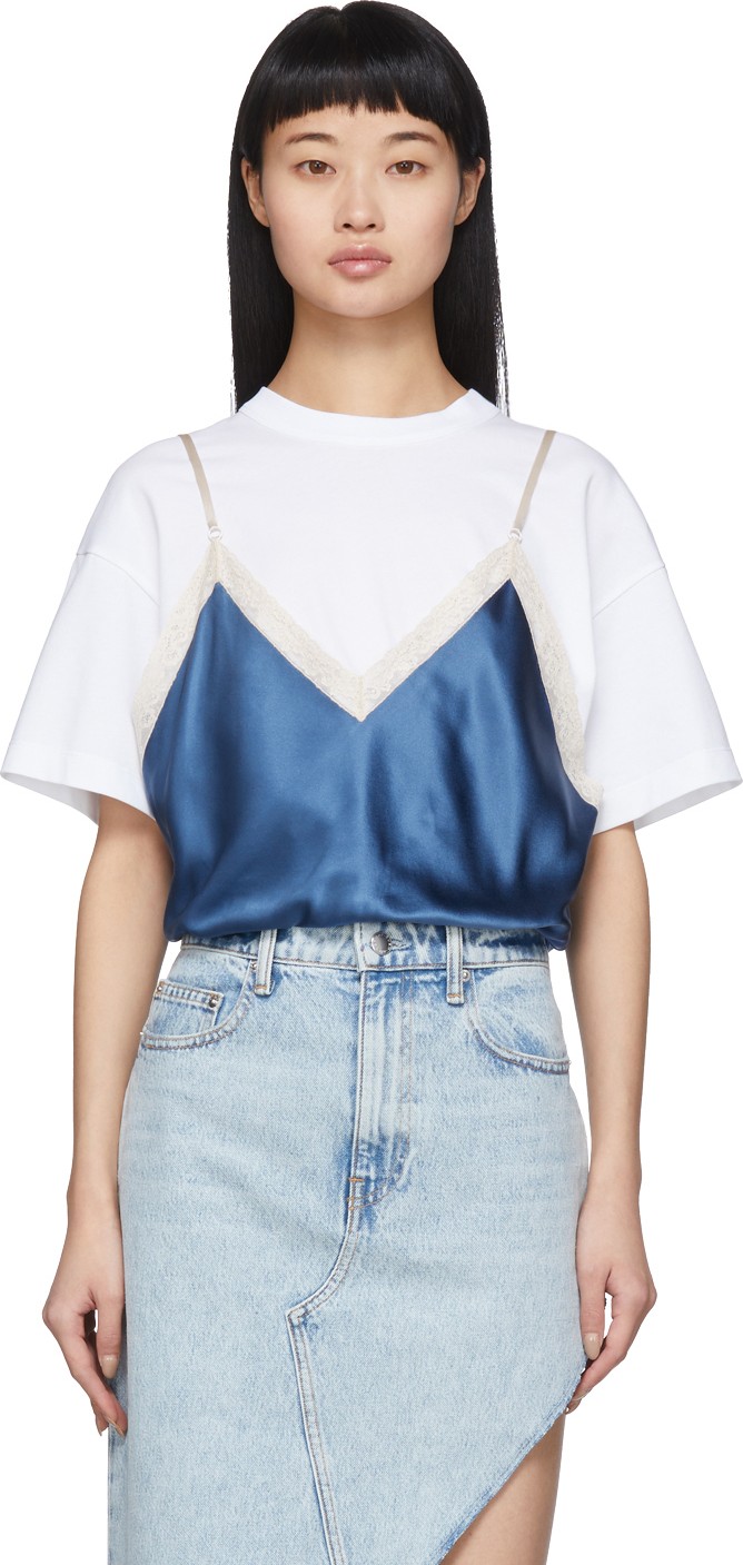 Alexander Wang White & Blue Silk Camisole Overlay T-Shirt