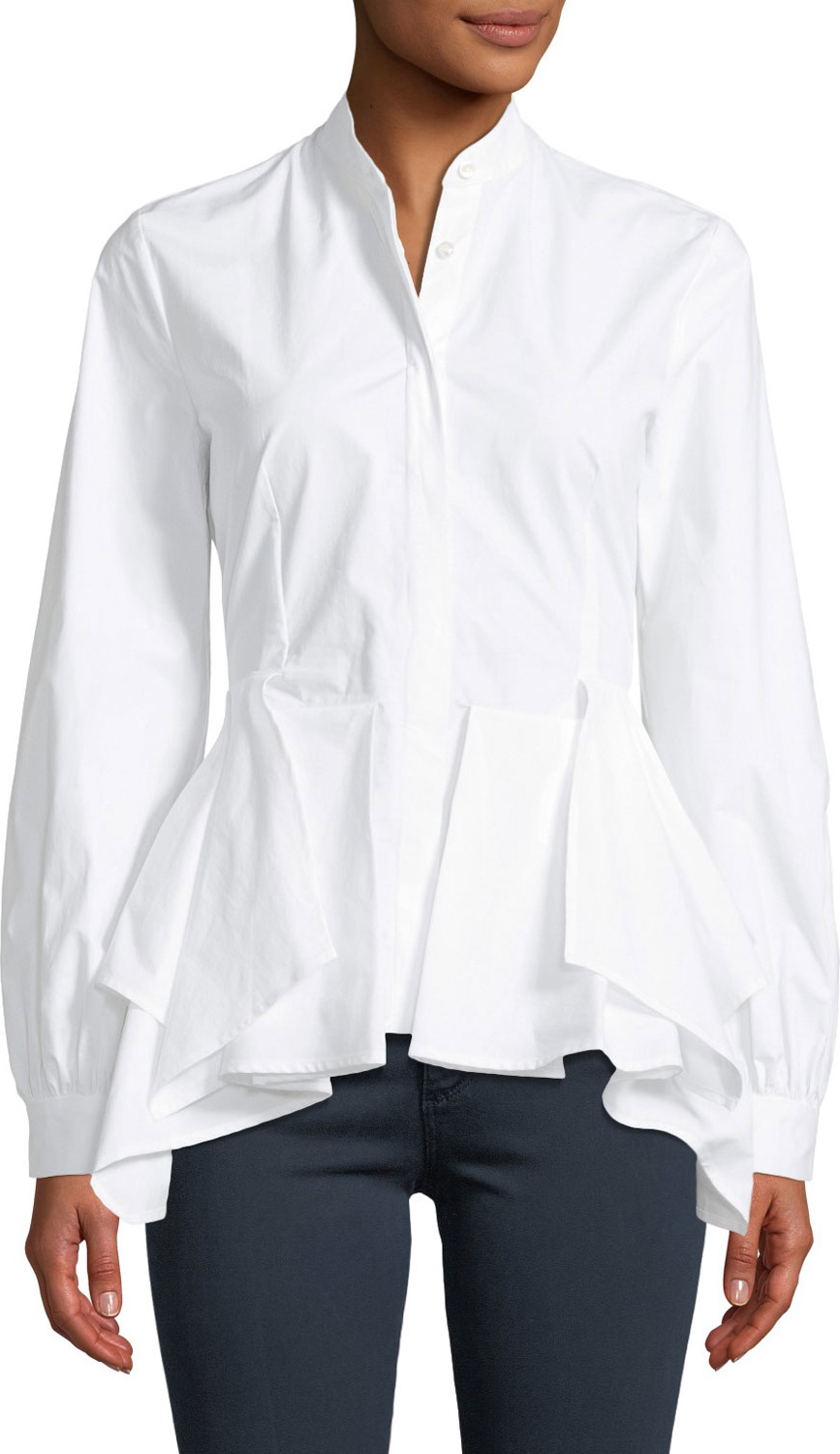 Josie by Natori Long-Sleeve Button-Front Ruffle-Bottom Cotton Top