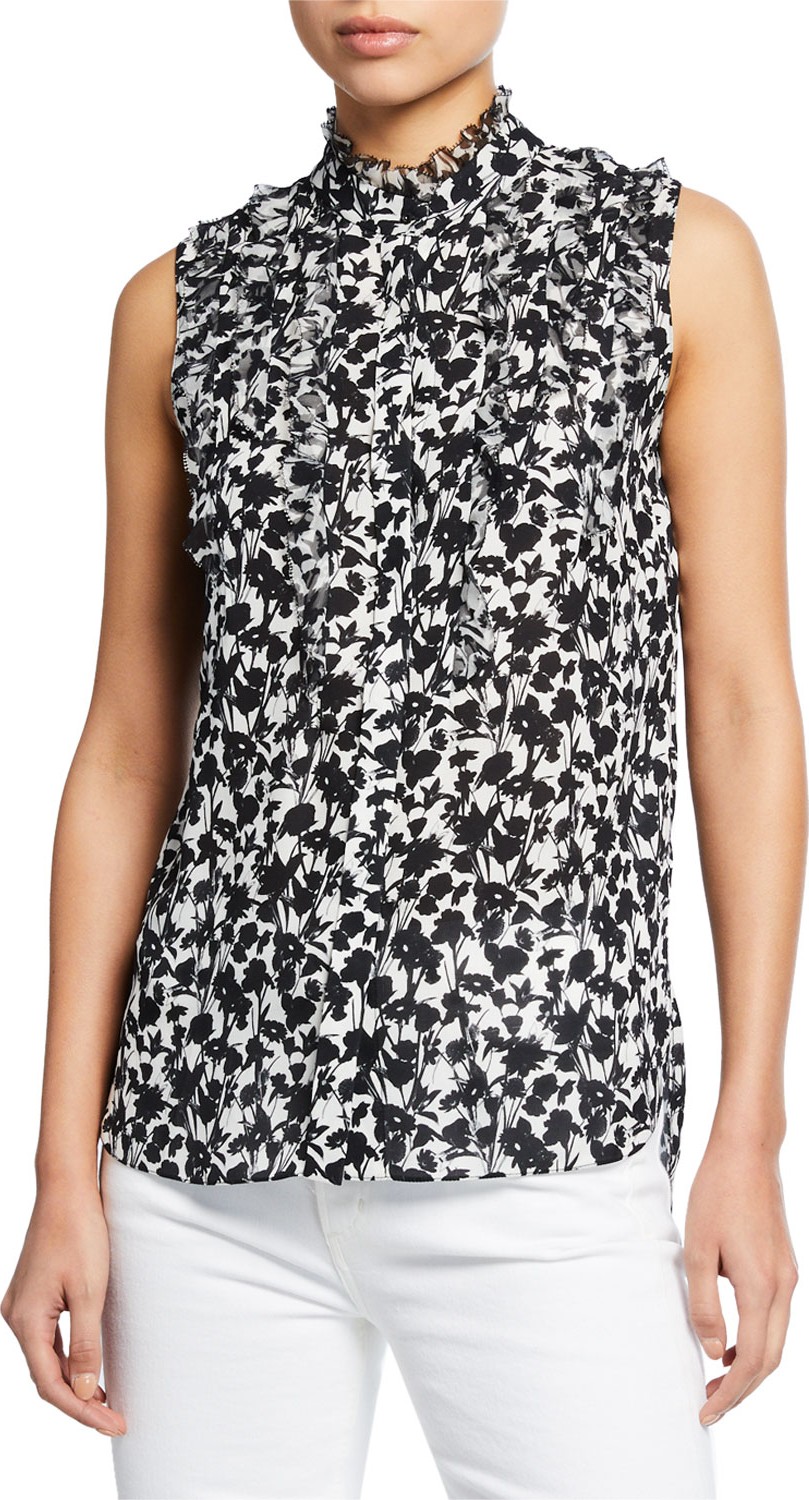 Elie Tahari Launa Floral-Print Mock-Neck Sleeveless Silk Blouse