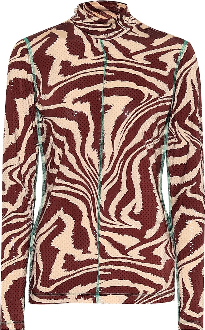 Ganni Tiger-print foil-jersey mockneck top