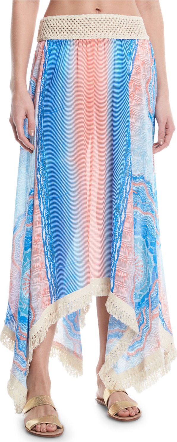 Ramy Brook Riviera Printed Handkerchief Long Skirt with Fringe