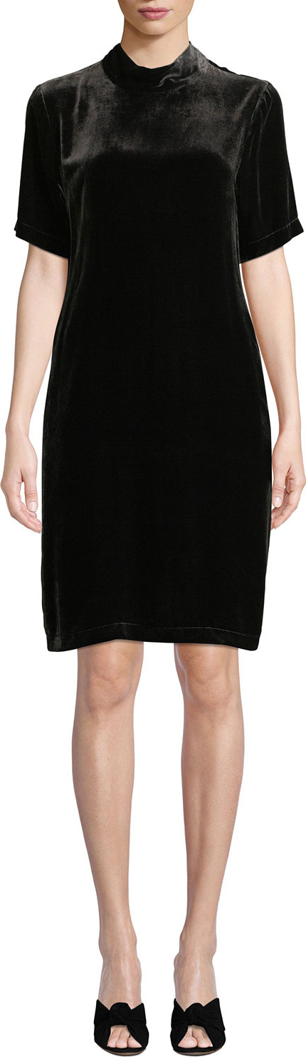 Eileen Fisher Mock-Neck Short-Sleeve Tieback Velvet Shift Dress