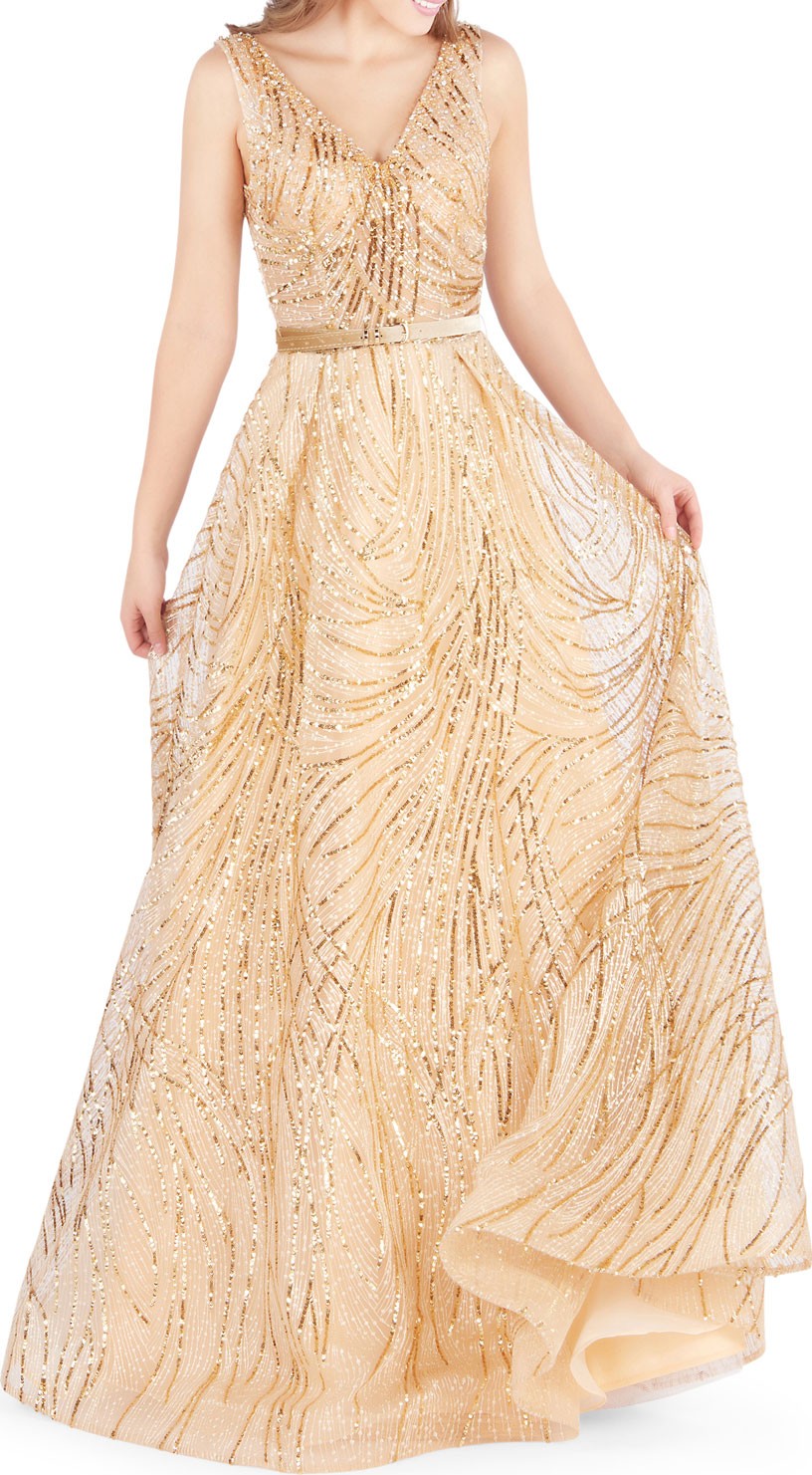 Mac Duggal Sequined V-Neck Sleeveless Belted Novelty Tulle Gown