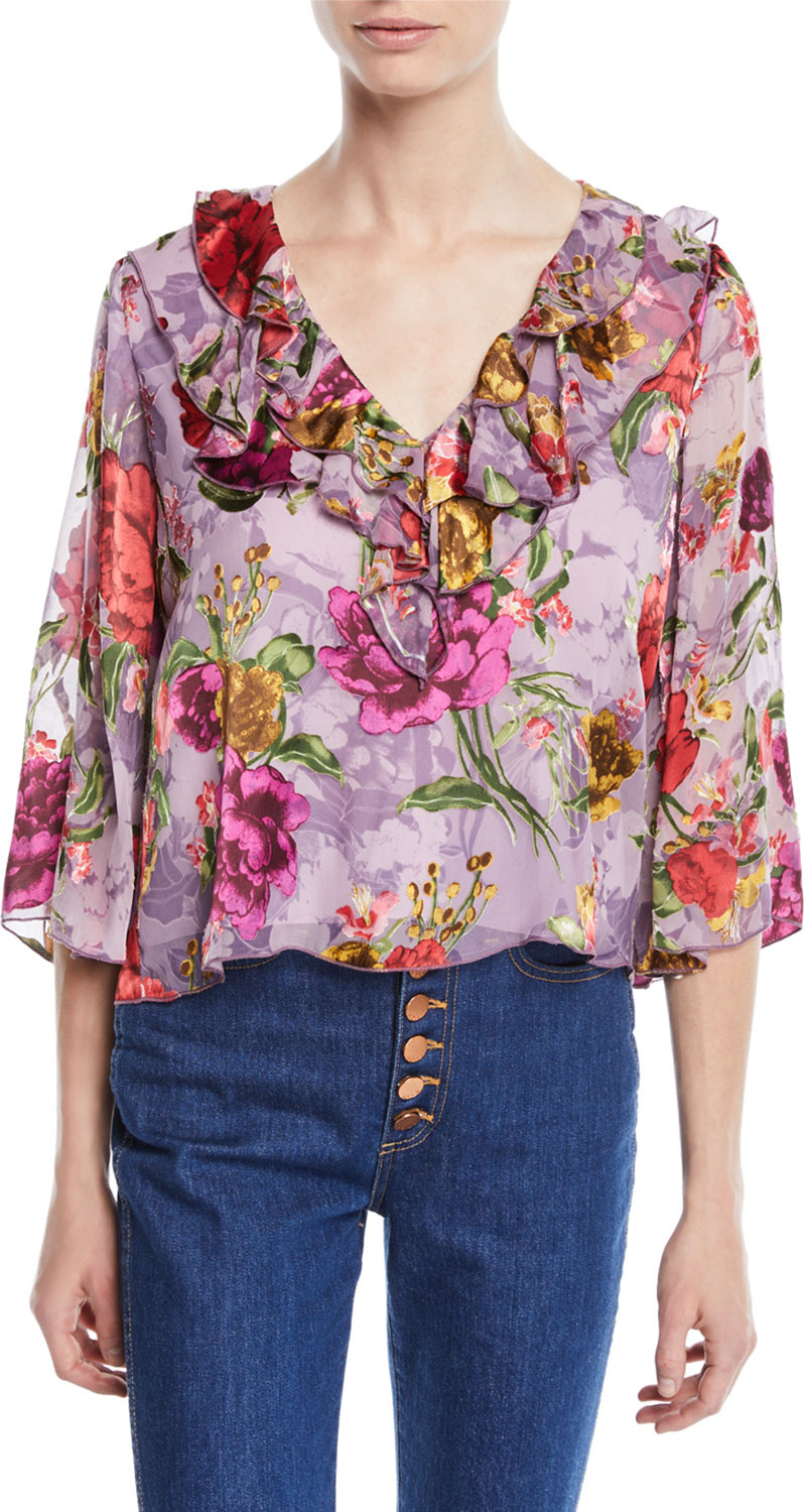 Alice + Olivia Cabella V-Neck Ruffle Floral-Print Top