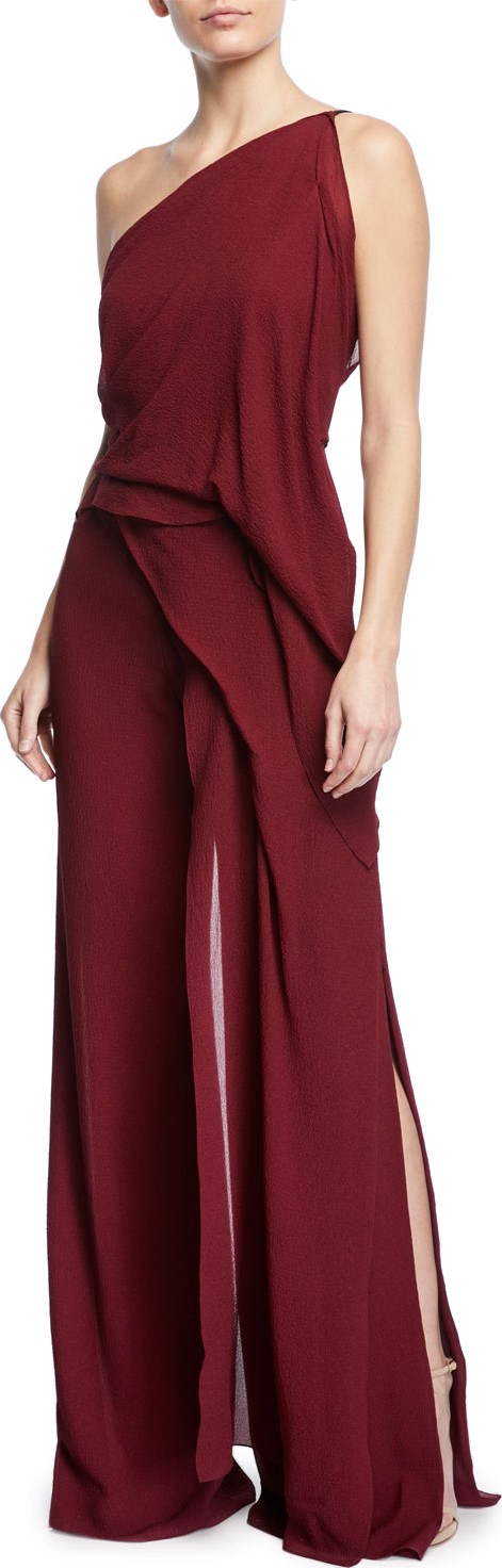 Roland Mouret Nettleton One-Shoulder Draped Silk Jumpsuit with Cascade Side Panel