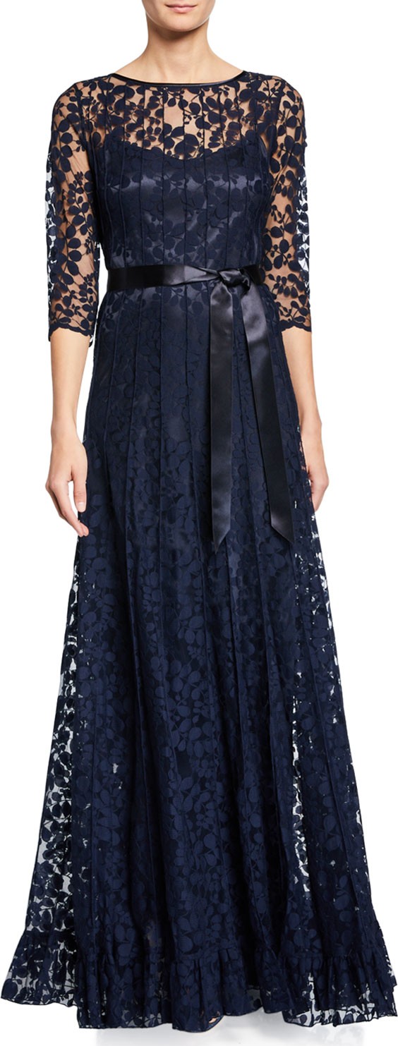 Rickie Freeman for Teri Jon 3/4-Sleeve Lace Overlay Gown
