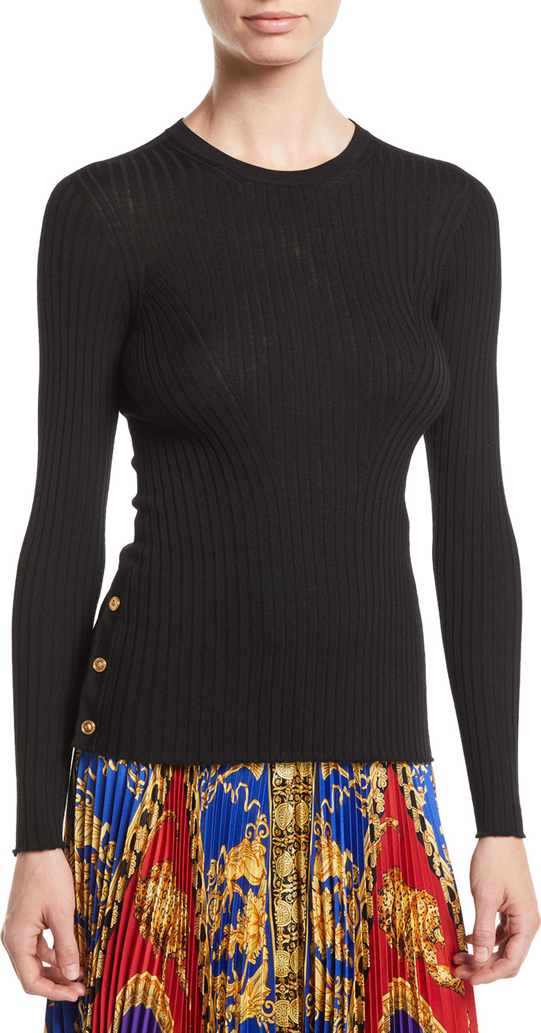 Versace Crewneck Long-Sleeve Ribbed-Knit Top w/ Button Detail