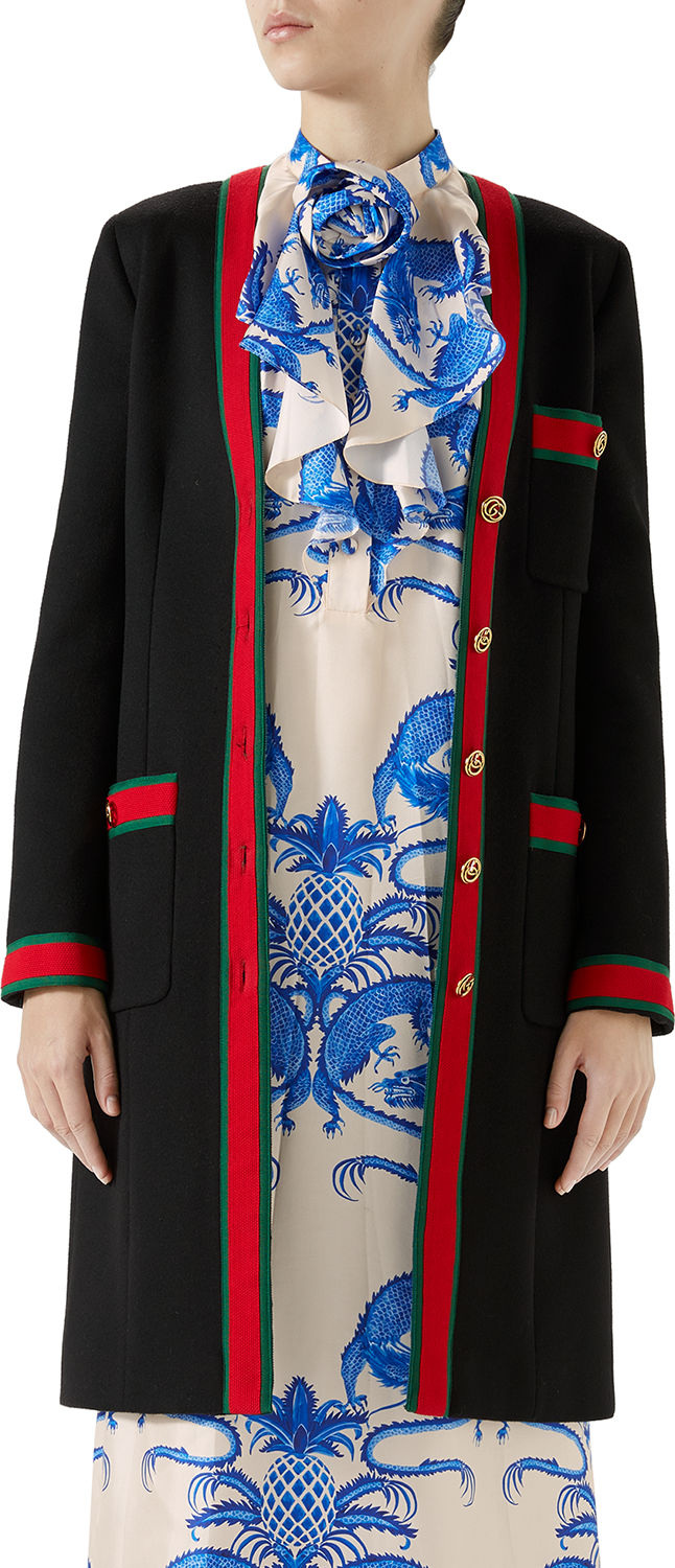 Gucci Single-Breasted Web-Trim 3-Pocket Wool Coat