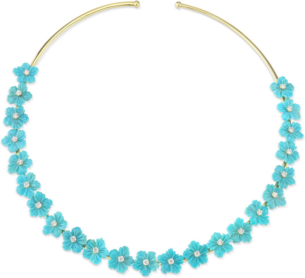 Cynthia Bach 18k Gold Turquoise & Diamond Flower Choker Necklace