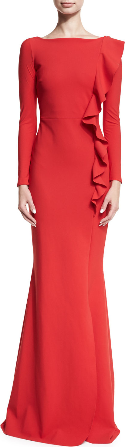 La Petite Robe di Chiara Boni Dilia Boat-Neck Trumpet Evening Gown w/ Ruffled Trim