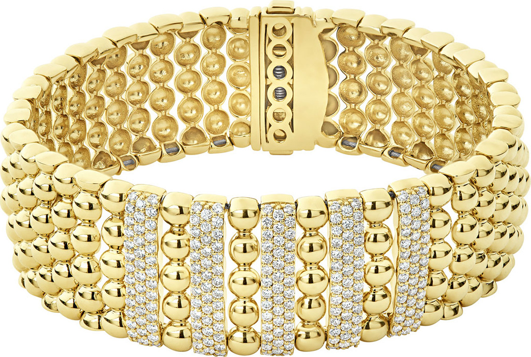 LAGOS 18k Caviar Gold Wide Rope Bracelet w/ Five Diamond Plates, Size M