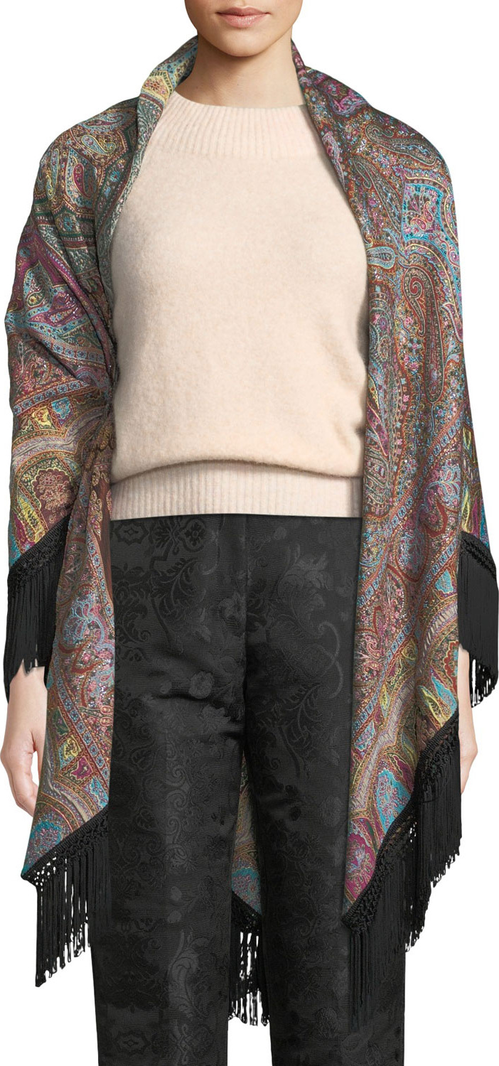 Etro Metallic Paisley Wrap w/ Fringe Trim