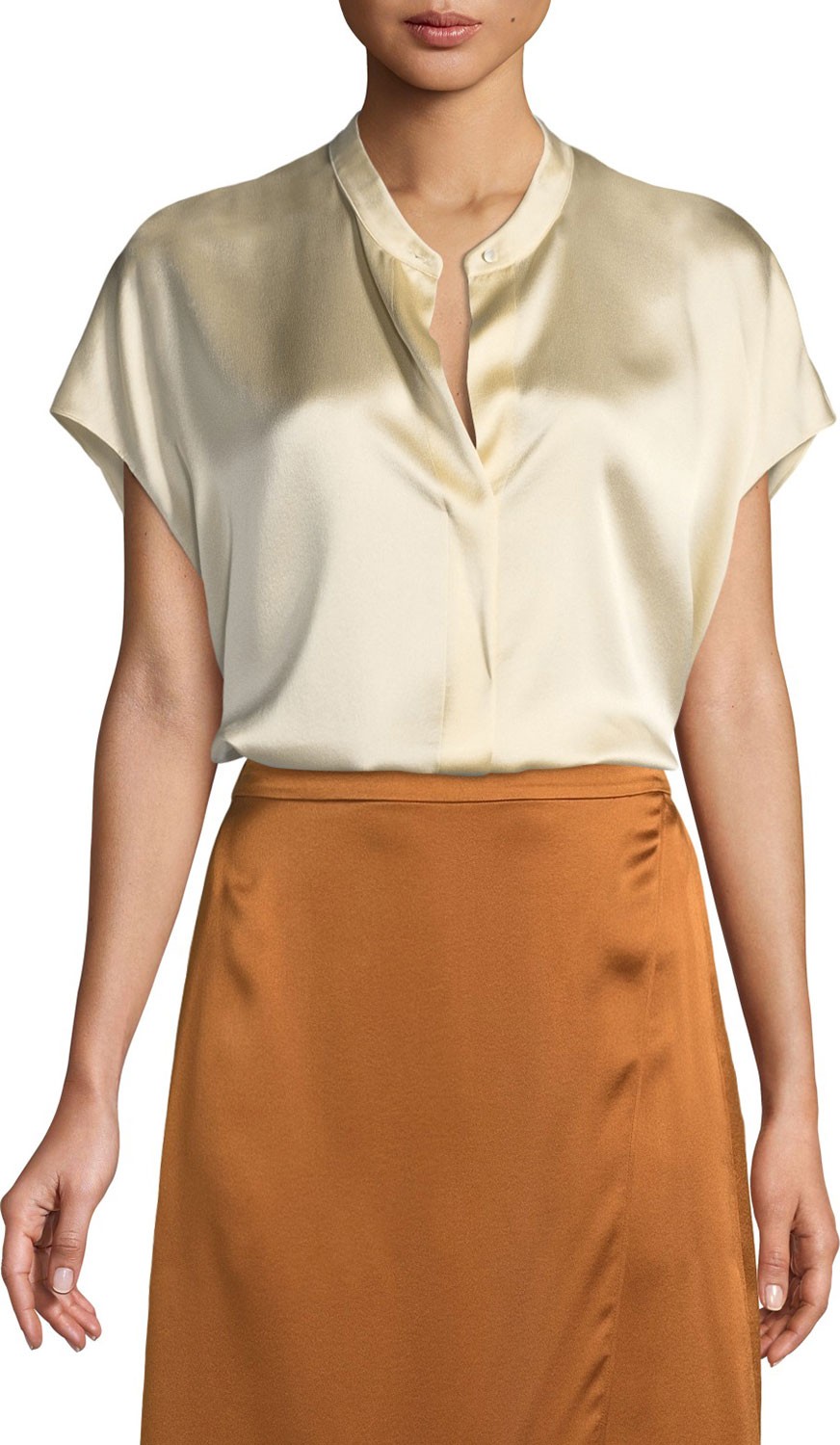 Vince Silk Split-Back Short-Sleeve Popover Top
