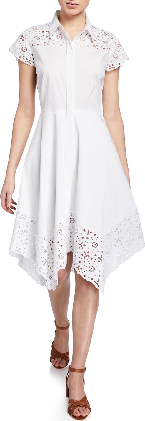 Elie Tahari Jane Button-Down Cap-Sleeve Shirtdress with Floral Lace