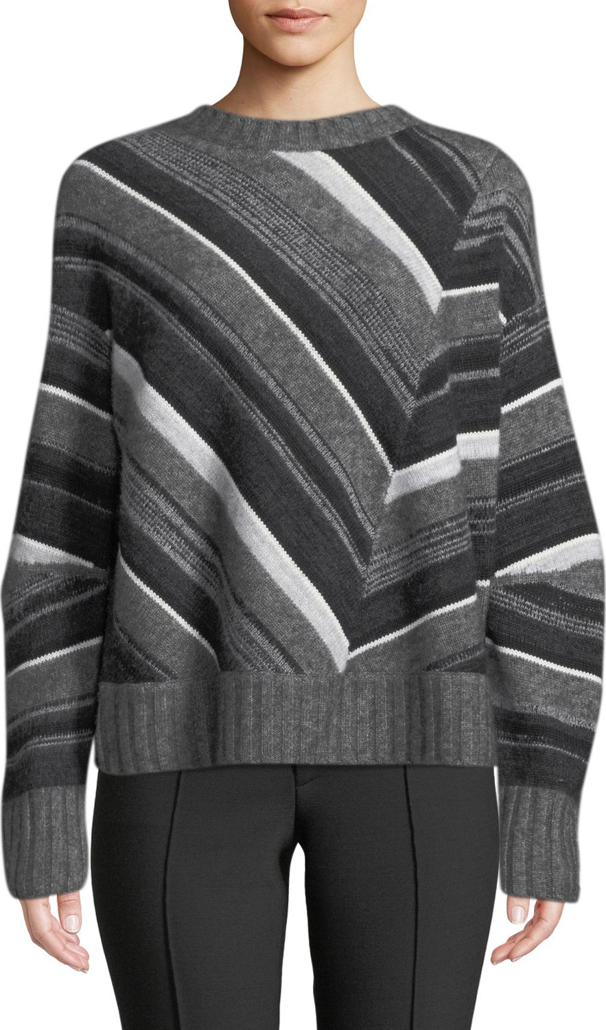 Helmut Lang Striped Wool-Cashmere Crewneck Pullover Sweater