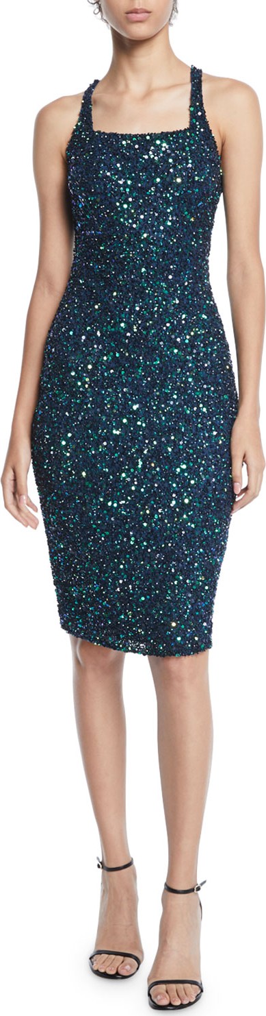 Parker Sage Sequin Halter Crisscross Dress