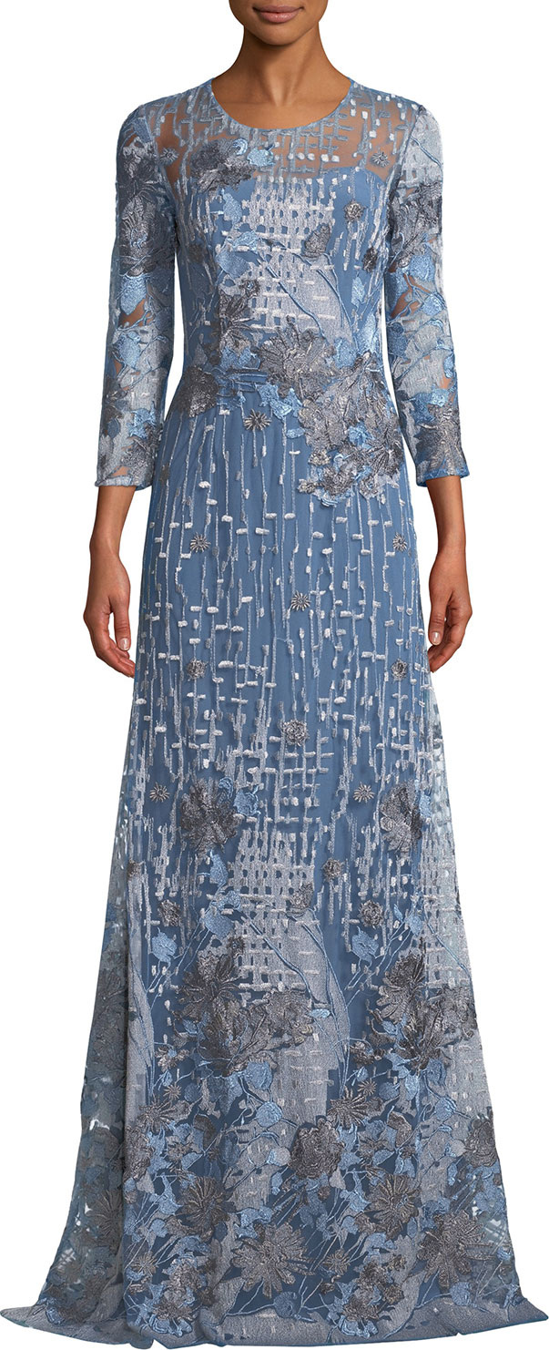 David Meister Embroidered Gown w/ Sheer Yoke