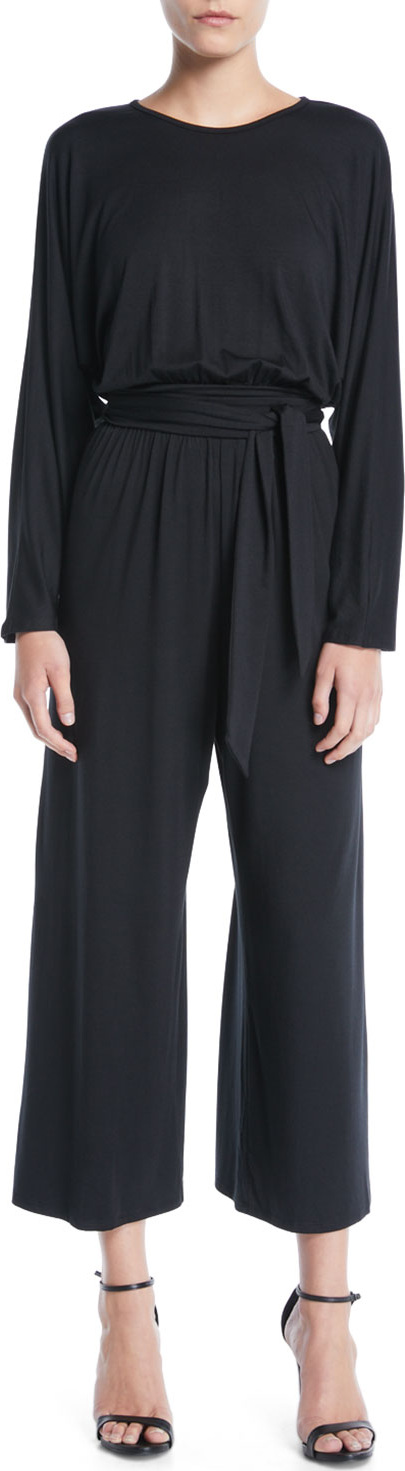 Rachel Pally Asta Crewneck Long-Sleeve Belted Wide-Leg Jersey Jumpsuit