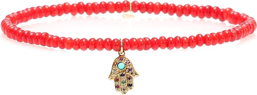 Sydney Evan Baby Hamsa Rainbow bamboo coral and 14kt gold beaded bracelet with sapphires