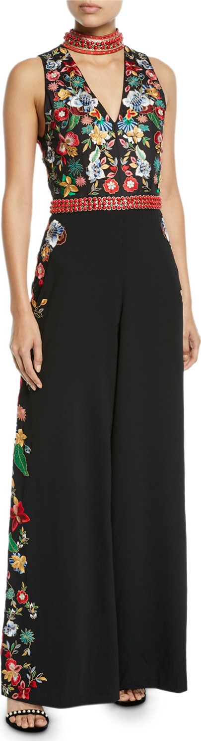 Alice + Olivia Nilsa Embellished Choker V-Neck Jumpsuit
